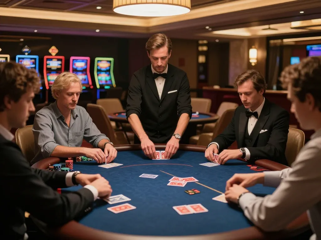 Players strategizing in a high-stakes poker game at QH88EU's luxurious VIP table.