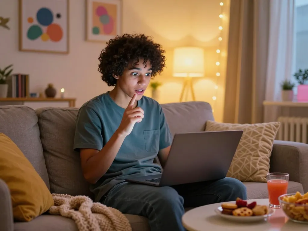 Engaging sex chat ai experience in a cozy home setting with a young adult enjoying a vibrant conversation with an NSFW AI companion.