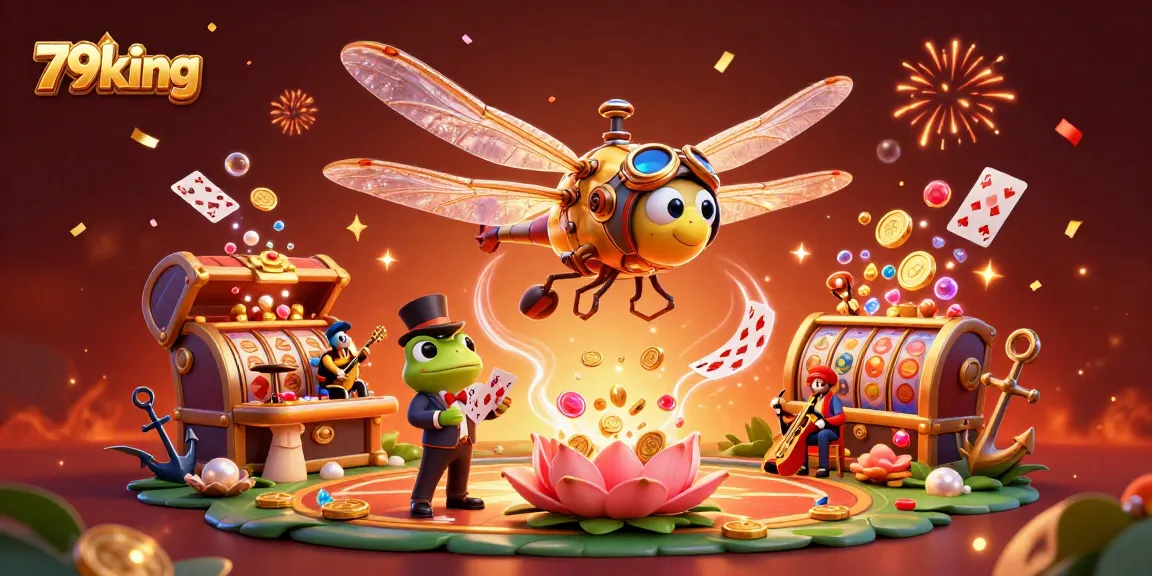 79king casino scene with a dragonfly pilot and frog croupier amid floating cards and fireworks.