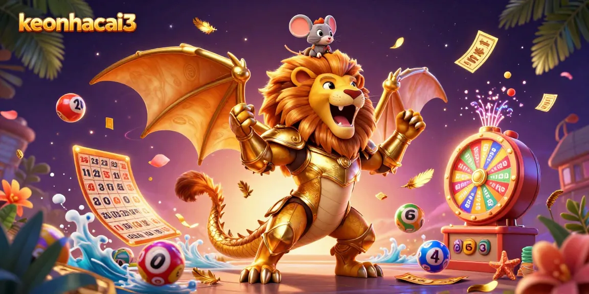 Spectacular keonhacai3 3D scene showcasing a triumphant chimera with a mouse jockey among magical casino elements for thrilling gambling action.