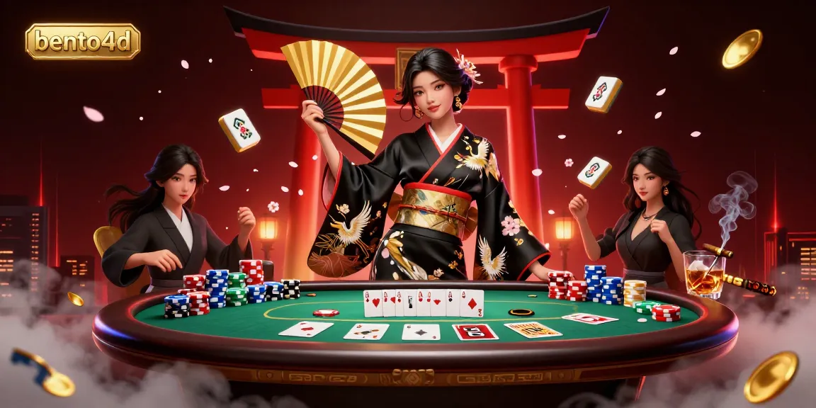 Bento4d menampilkan aksi poker yang intens dengan karakter yang stylish dan elemen dinamis di sekitar pemandangan kasino yang cerah.