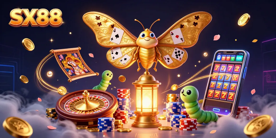 SX88 transforms casino excitement with festive moths, golden coins, roulette action, and vibrant slot reels.