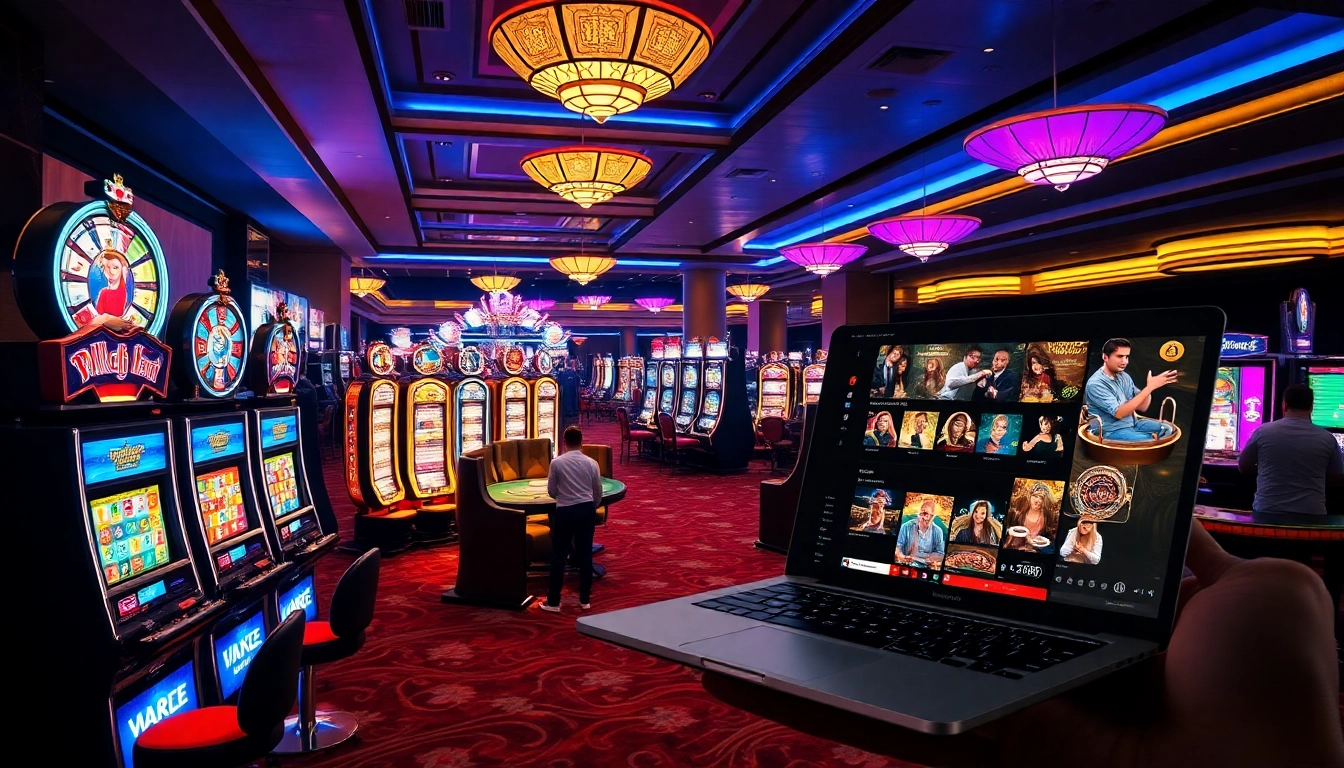 Engage with exciting games at https://l567.tech/, showcasing vibrant slot machines and poker tables.