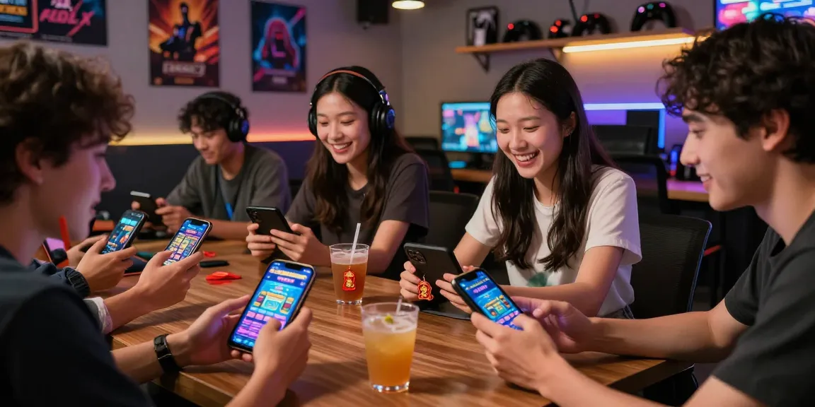 SLOT7000 gaming experience with friends enjoying digital games in a vibrant lounge.