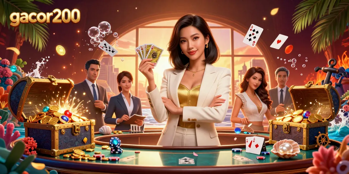 Experience the thrill of gacor200 casino with a powerful Asian woman holding cards amidst vibrant gaming elements.