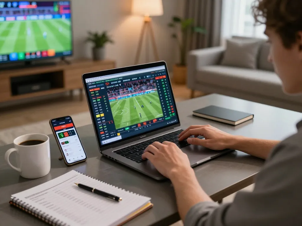Engaged bettor using laptop and smartphone for trang cá cược bóng đá research, showcasing online betting strategies