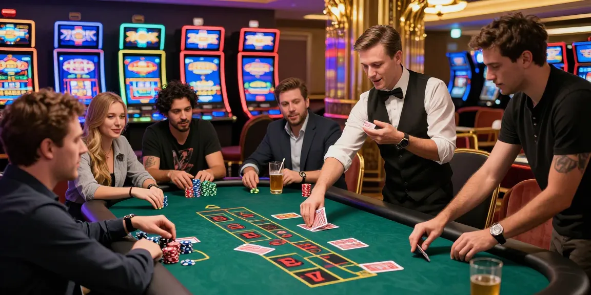 Exciting scene at credit card casinos with diverse players at a vibrant gaming table, showcasing thrilling casino atmosphere