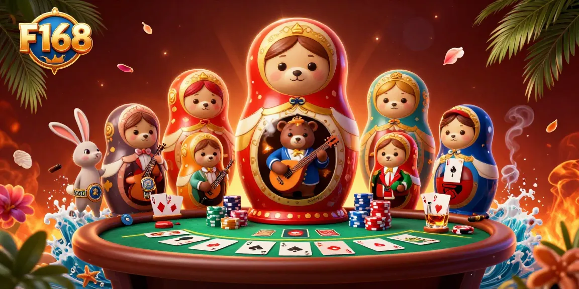 Experience thrilling poker action at F168 with adorable cartoon characters and casino elements.