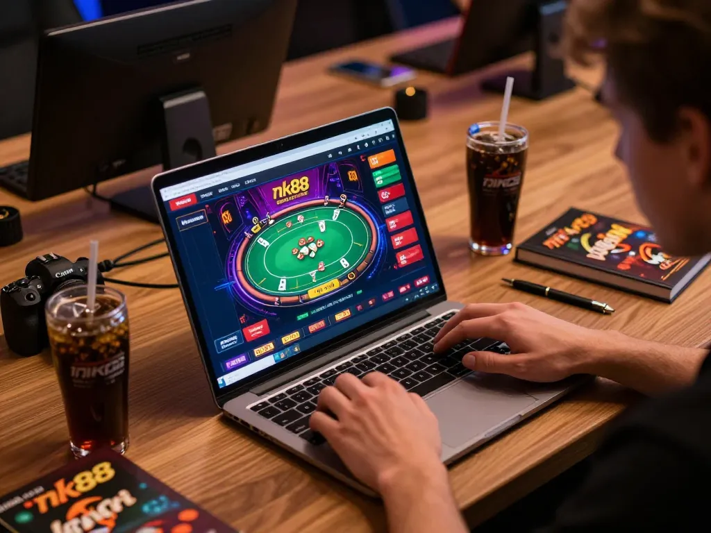 Engaging online gaming scene with nk88 interface on laptop, highlighting the thrill of online gambling.