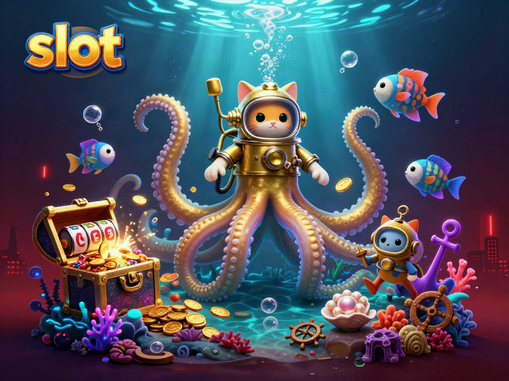 Menangkan slot dengan karakter kraken raksasa yang berkilau dan kucing menyelam di bawah laut.