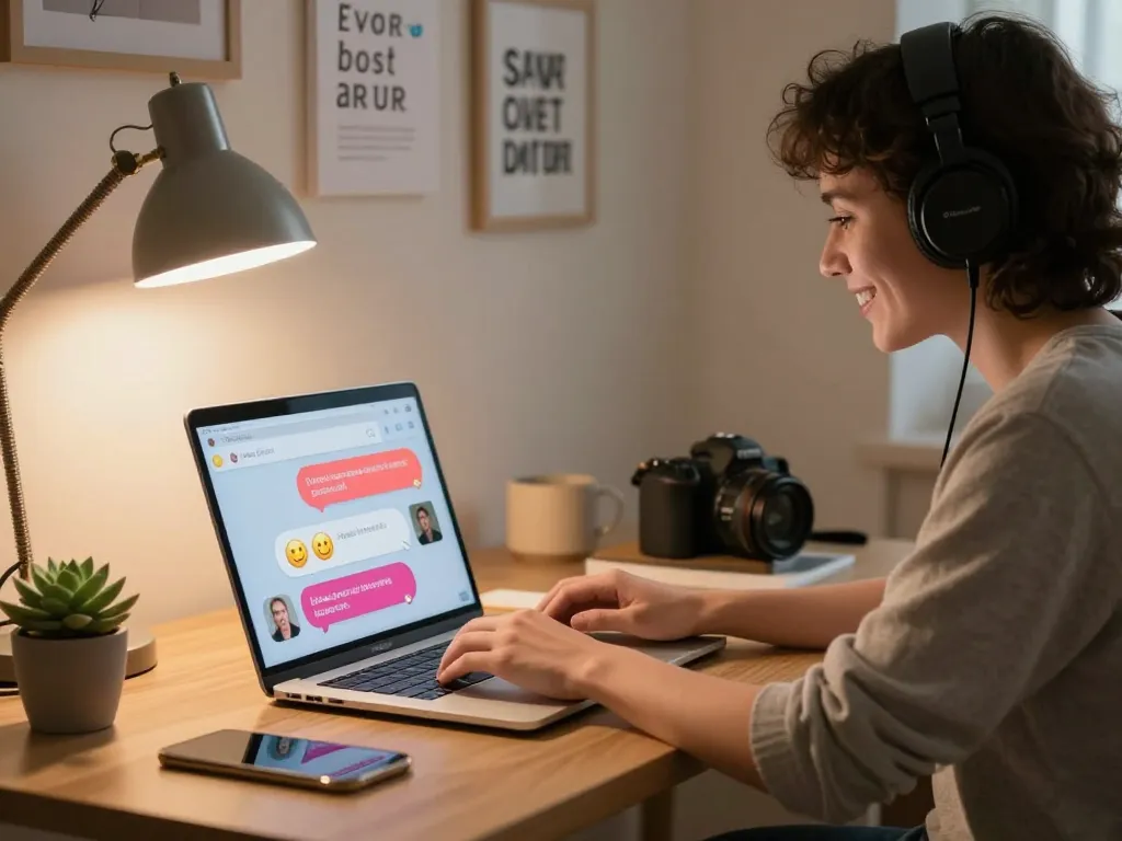 Engaging sex chat ai interaction in a cozy home office with a user smiling at their laptop.