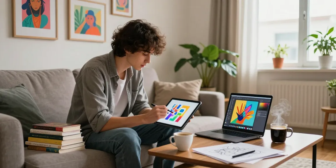 Creative adult exploring nsfw-themed digital art in a modern apartment