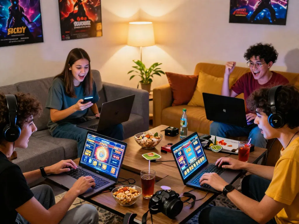 Excited group playing slot gacor games on various devices in a vibrant living room.