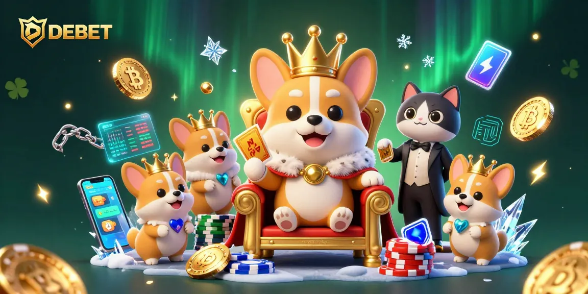 Engage in thrilling bets with DEBET while a royal corgi presides in a vibrant casino scene.