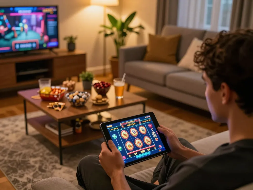 Orang yang bermain permainan slot di tablet di lingkungan rumah yang nyaman, menunjukkan pengalaman bermain yang imersif.