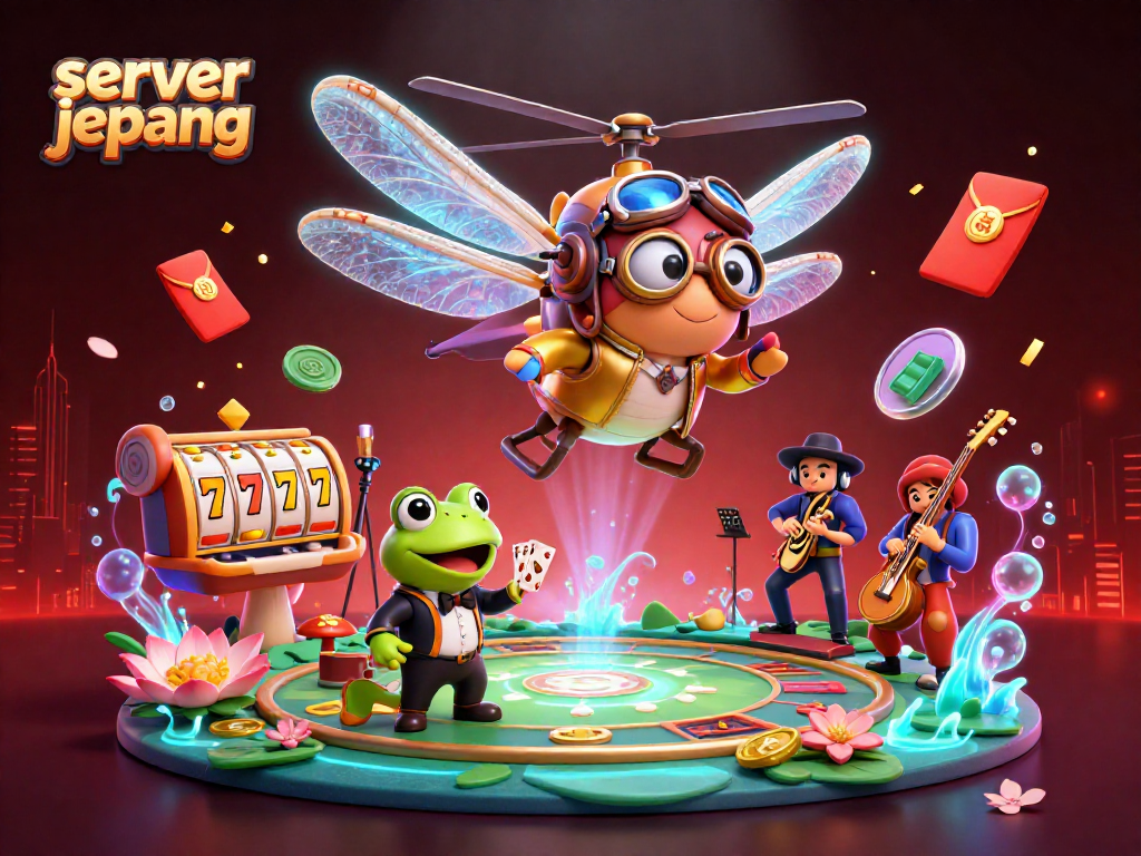 Play exciting slot games on server jepang, featuring vibrant 3D characters and rich casino elements.