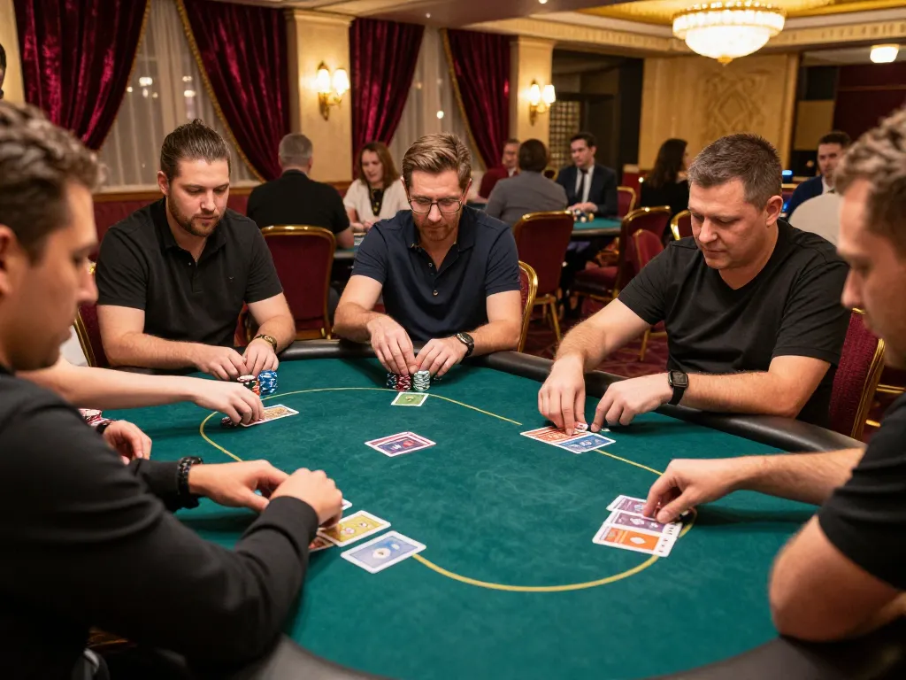 mb88 players strategizing in a vibrant casino poker game with colorful chips and cards.