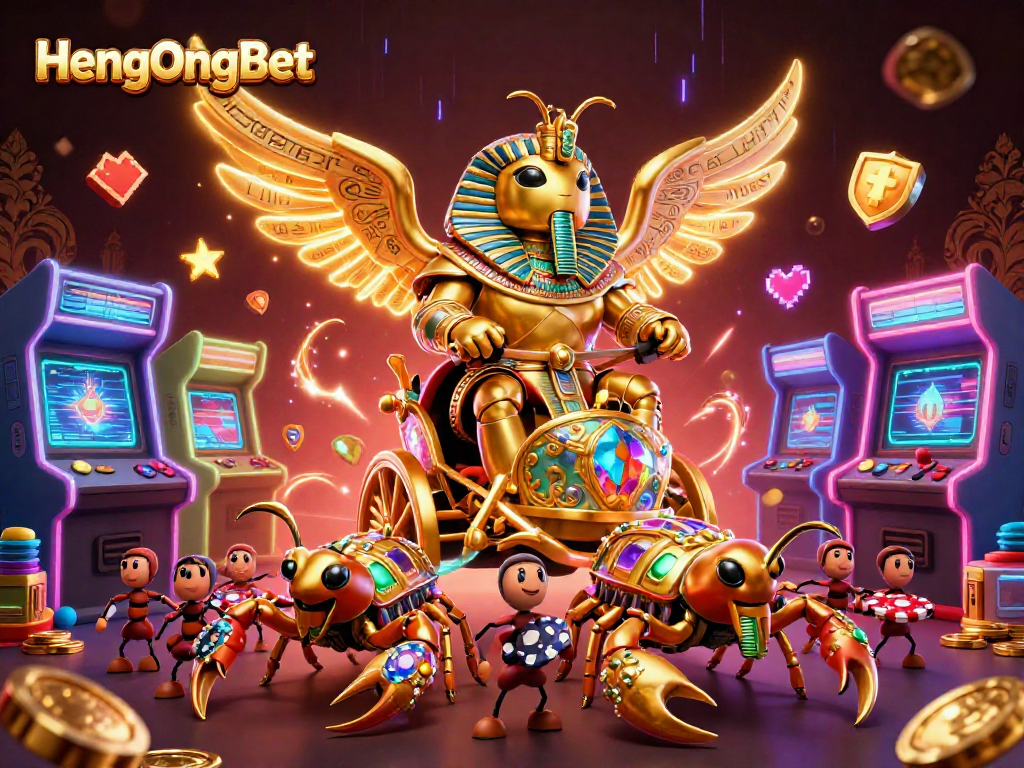 HengOngBet showcases an exciting casino adventure with a golden scarab beetle and vibrant gaming elements.