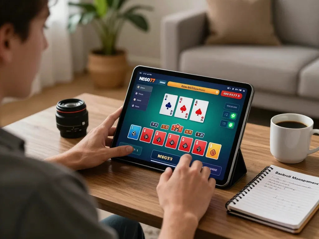 Engaging gameplay at NEGO77 as a player analyzes blackjack decisions on a tablet in a cozy setting.
