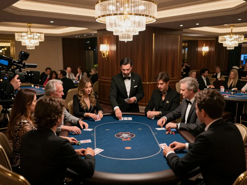 KJC players engage in high-stakes poker at an upscale gaming table in a luxurious atmosphere
