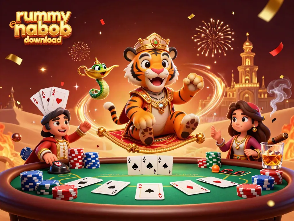 Rummy nabob download dengan sultan harimau dan elemen permainan kartu di latar belakang yang meriah.