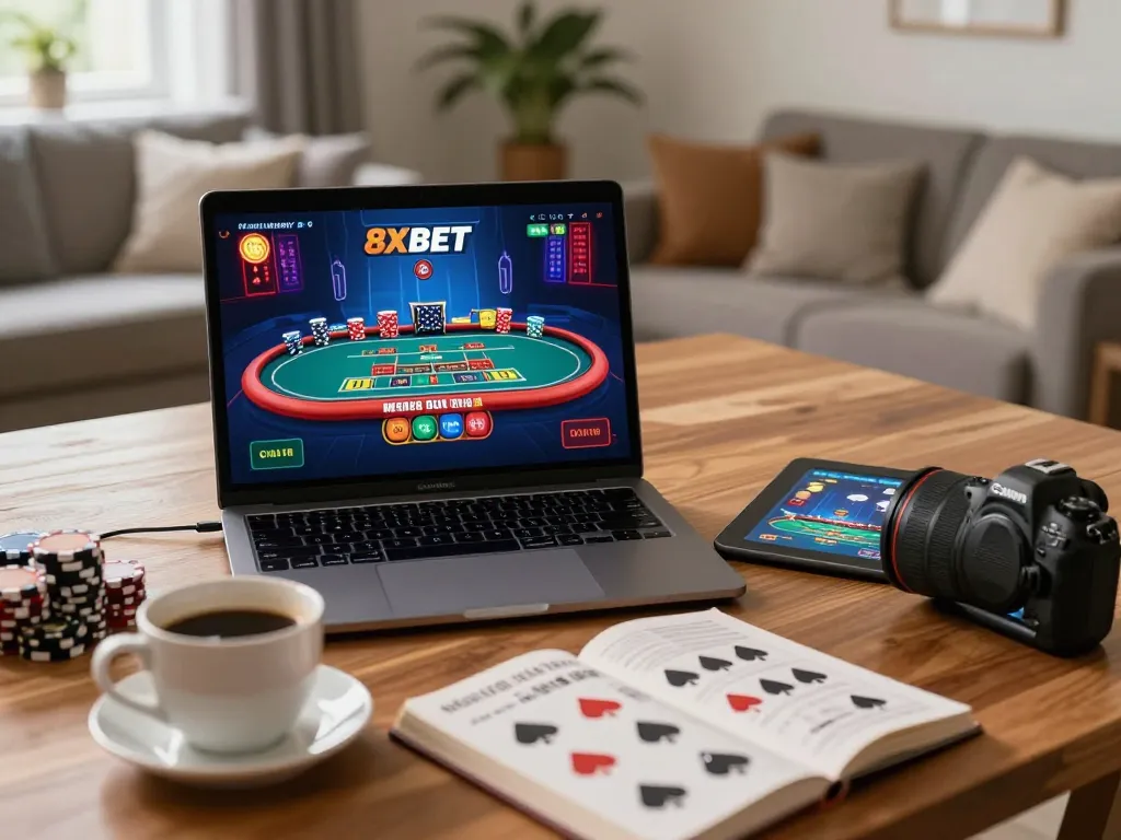 Engaging online gaming experience with a person playing 8xbet on a laptop, showcasing vibrant graphics and cozy atmosphere.