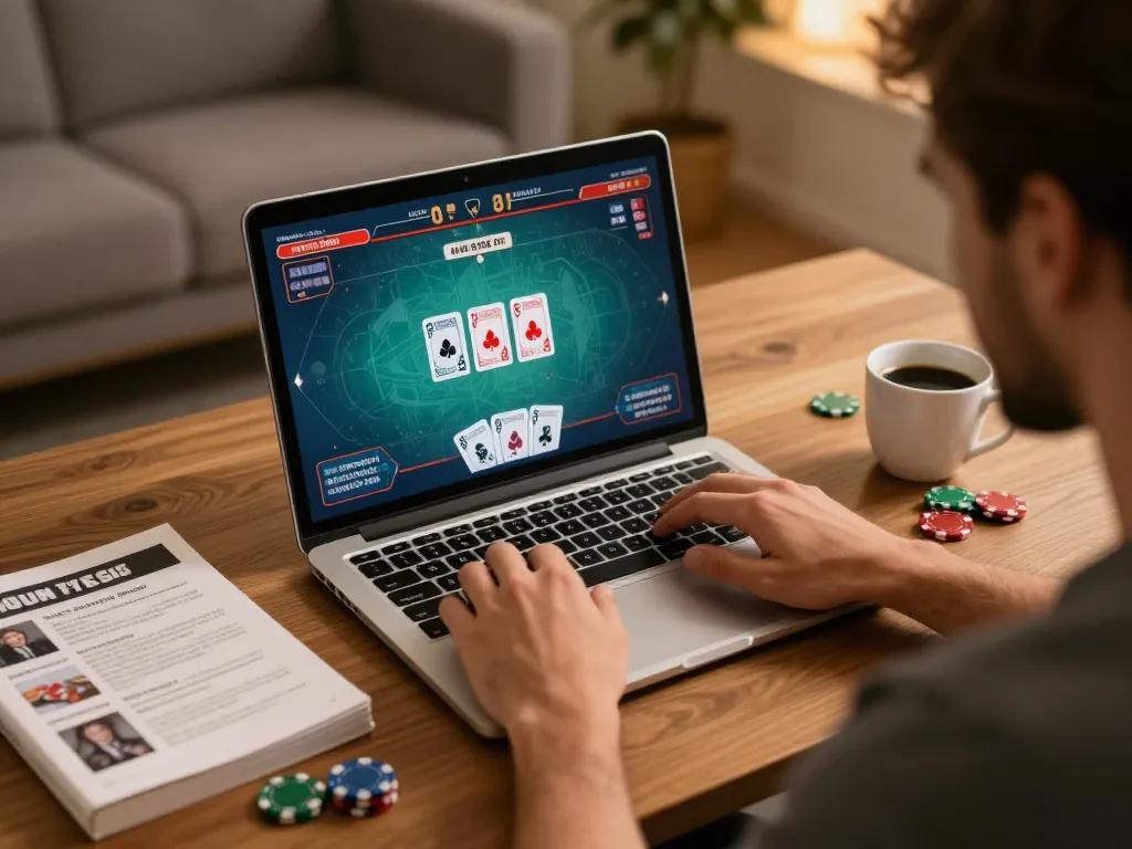 Player enjoying online poker on 32win, displaying strategic thinking with visible cards and chips.