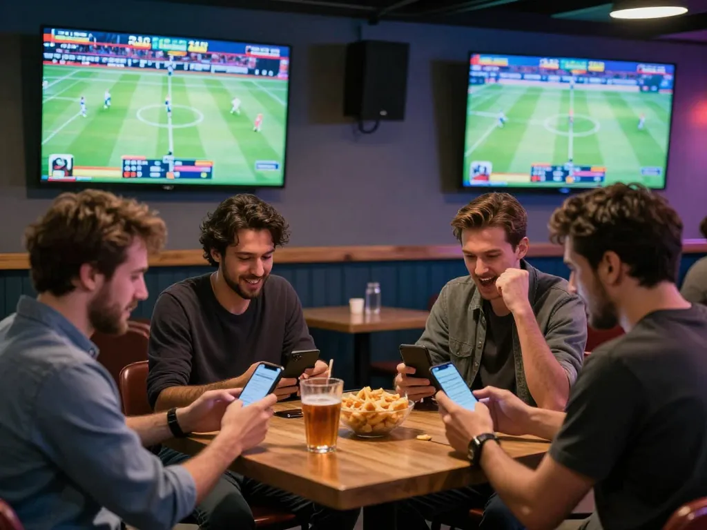 F8BET gamblers cheering at a lively sports bar while placing bets on mobile apps