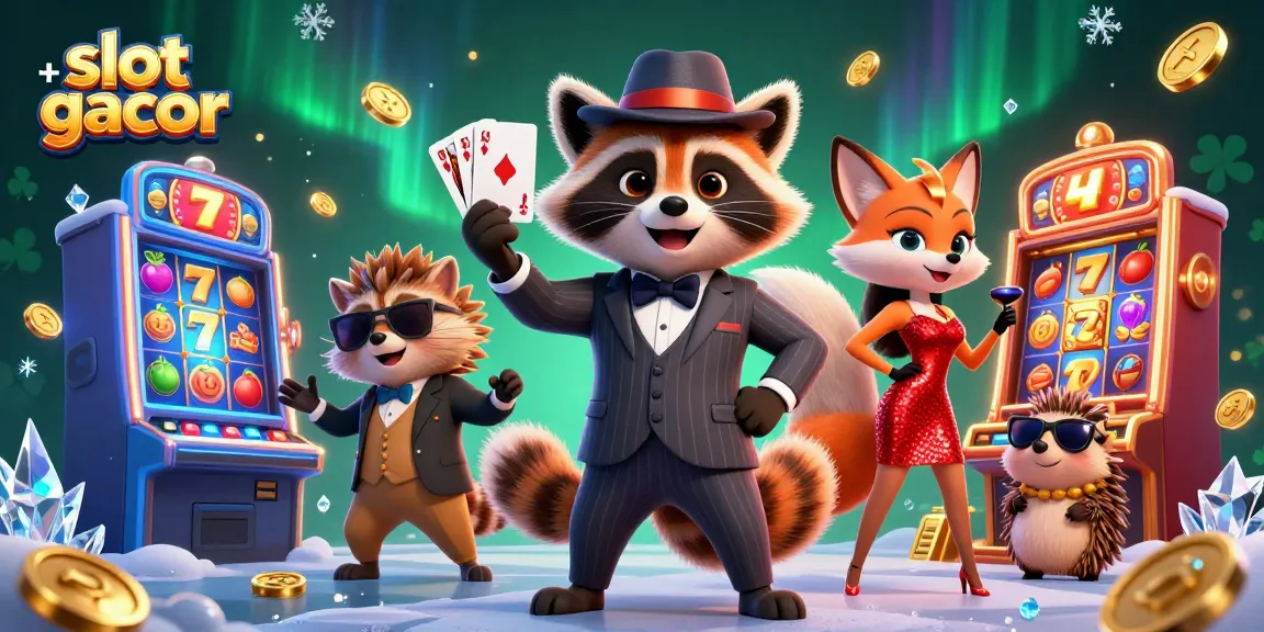 Engage with slot gacor adventures featuring a suave raccoon in a casino scene with vibrant elements.