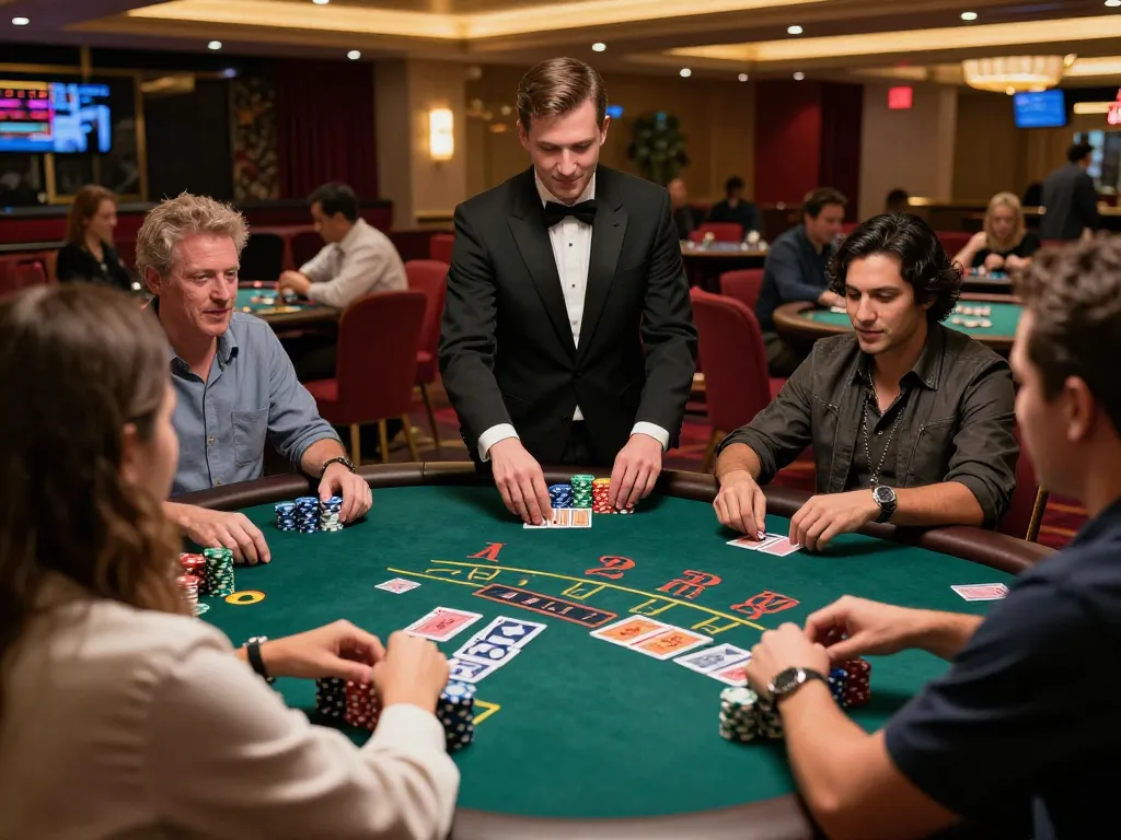 Watch players enjoying ดูหนังออนไลน์ฟรี as they strategize during a lively blackjack game in a vibrant casino.