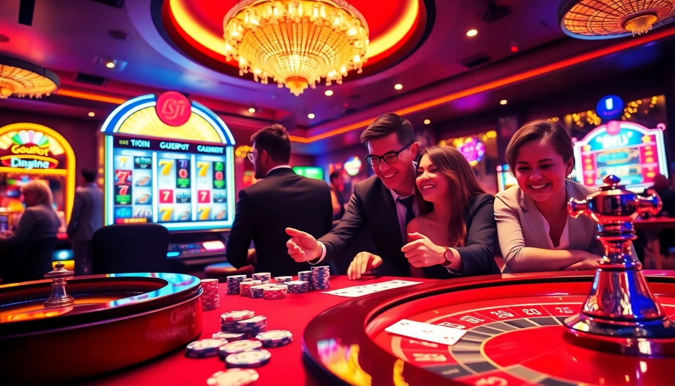 Experience the thrill of gojekpot as players engage in a vibrant casino scene with poker chips and roulette.