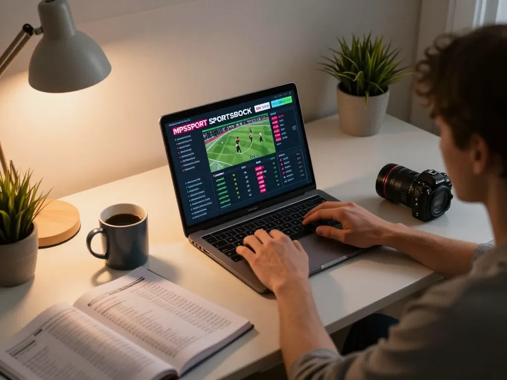 Engaging in sports betting on MPOSPORT with live odds visible on laptop screen, showcasing responsible gaming.