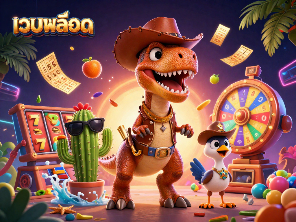 Play exciting เว็บสล็อต with thrilling slot reels and colorful characters in a vibrant scene.