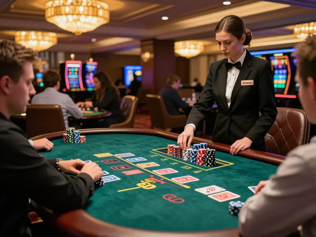 Players engaged in blackjack at go99com's upscale casino table, vibrant atmosphere.