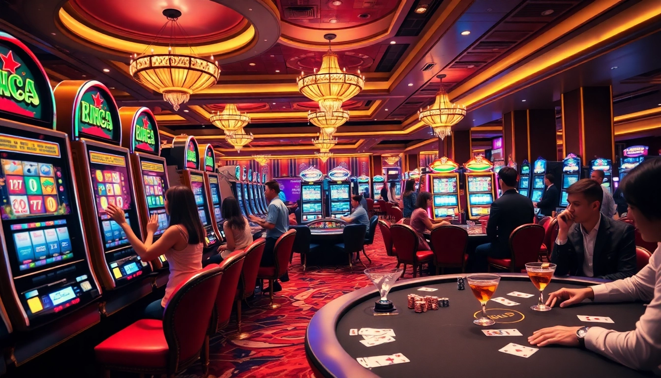 Bermain situs toto dengan mesin slot berwarna-warni dan meja perjudian yang ramai.
