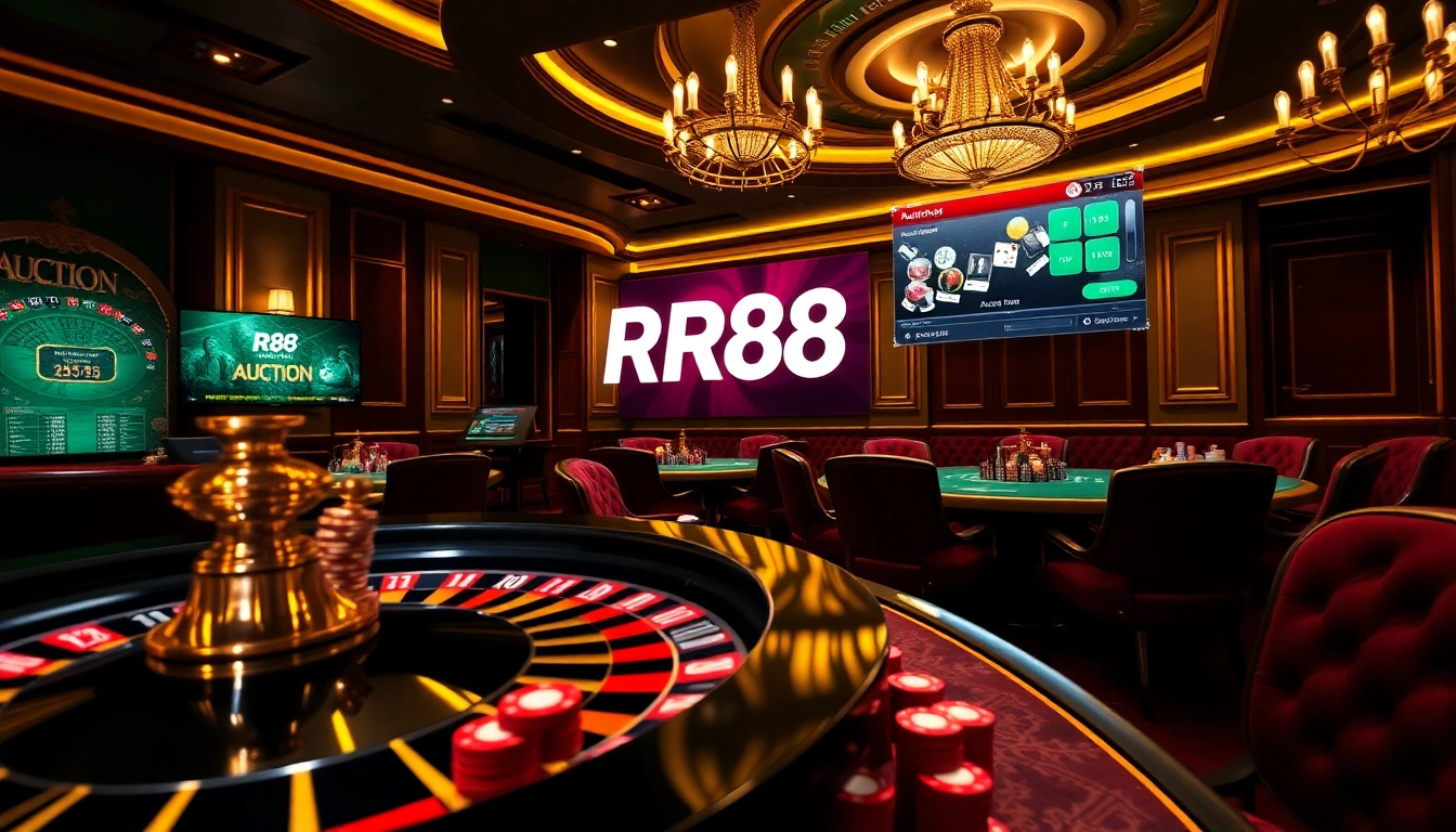 Experience the thrill of RR88 Auction with vibrant poker chips and an elegant roulette wheel.