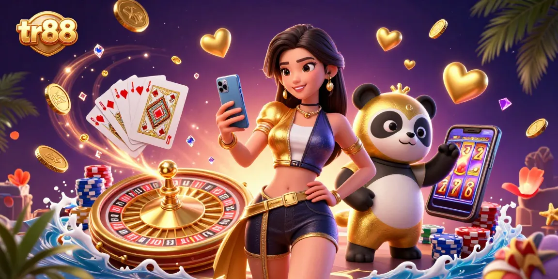 Play exciting games at tr88 with a vibrant casino illustration showcasing jackpots, coins, and a smartphone.