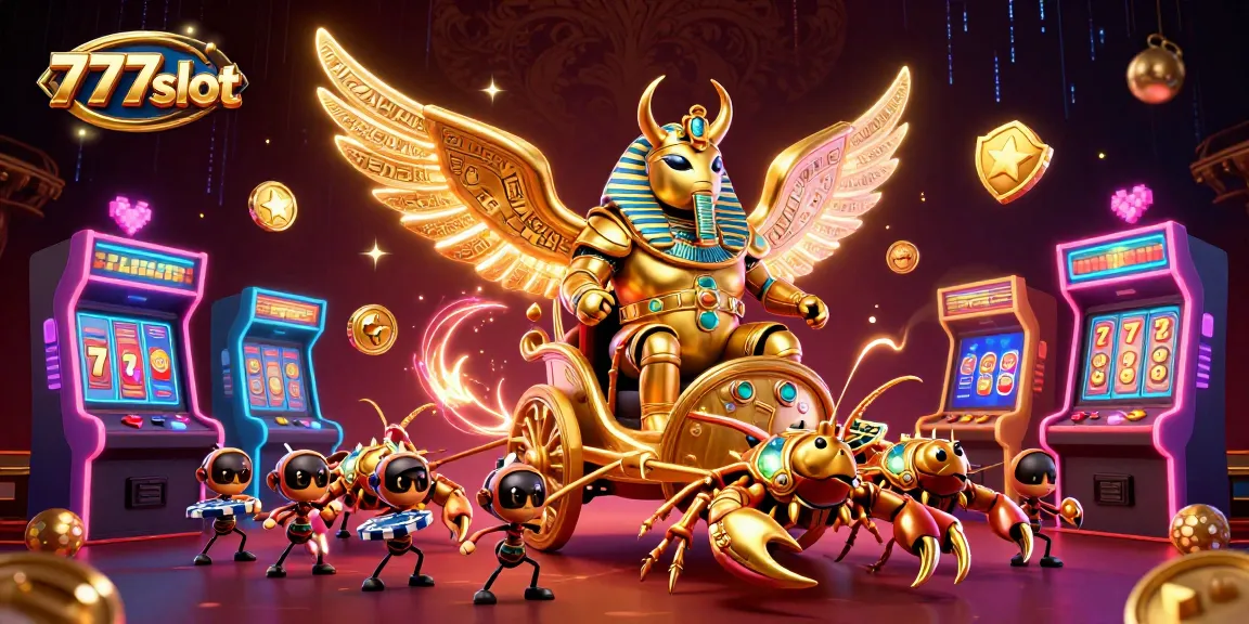 Mainkan permainan slot 777slot dengan mesin slot dan karakter menarik dalam ilustrasi 3D.