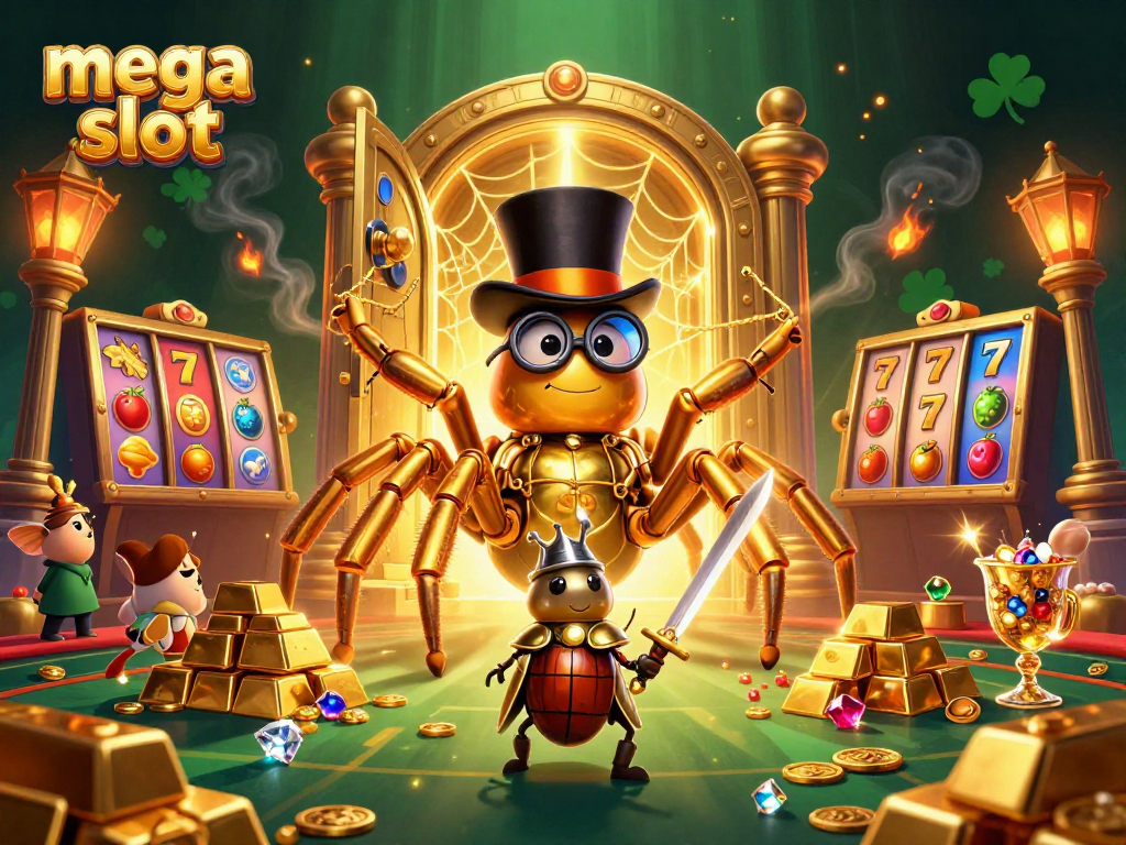 Engage with mega slot excitement as a golden tarantula weaves a winning web amid vibrant casino elements.