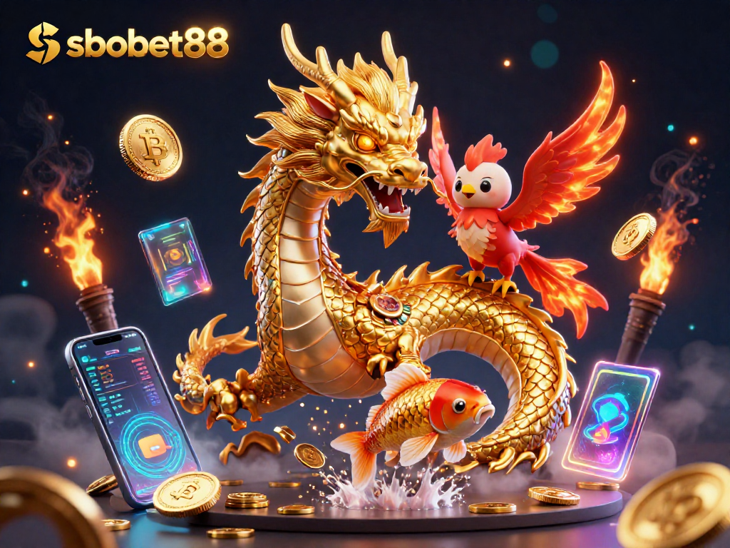 Bet on sbobet88 with a fierce dragon, phoenix, and leaping koi fish, surrounded by vibrant crypto elements.