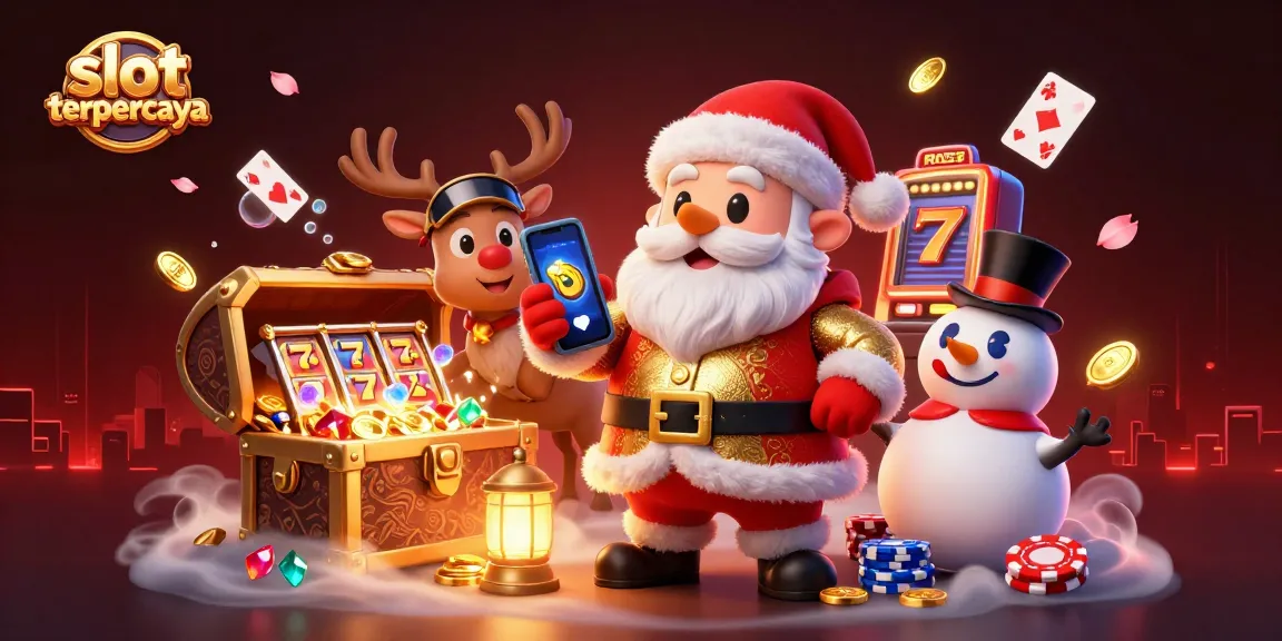 Engage in thrilling gameplay at slot terpercaya with Santa and friends celebrating vibrant slot wins.