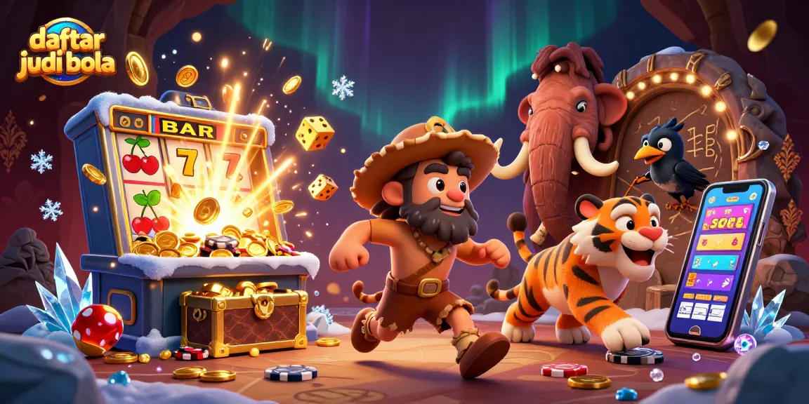 Engaging illustration showcasing daftar judi bola with a dynamic prehistoric casino scene featuring characters and game elements.