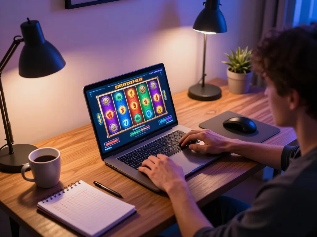 Engaging situs slot gameplay on a modern laptop in a cozy home setting with strategic notes nearby.