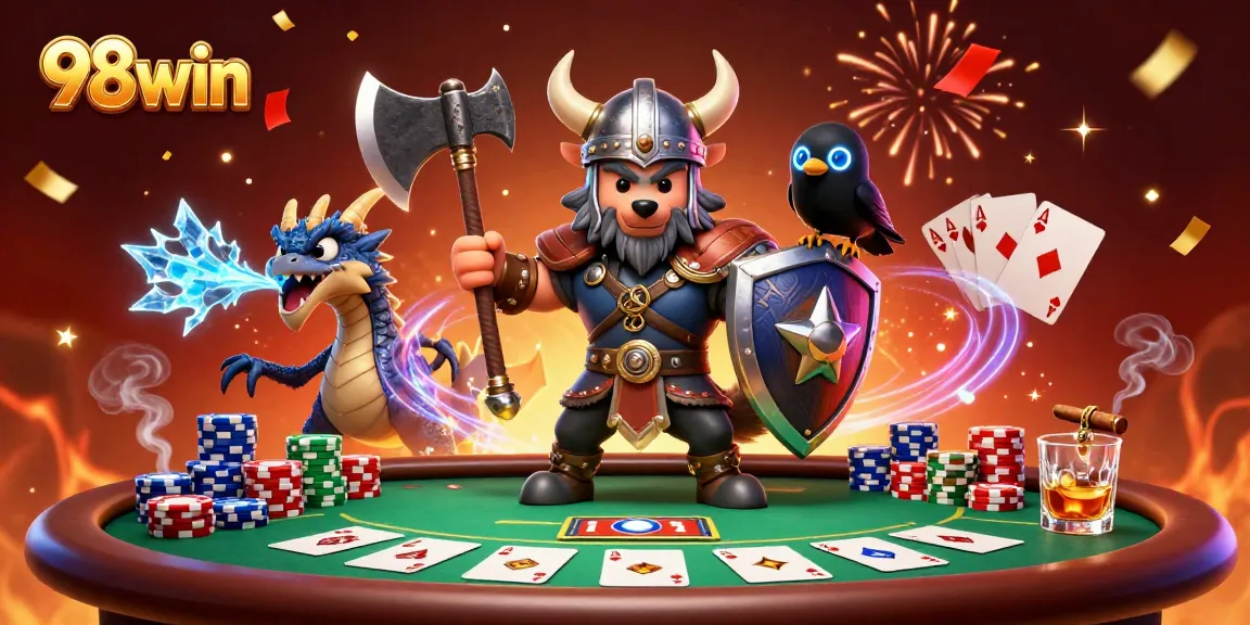 Experience thrilling poker action with 98win in this vibrant 3D scene featuring a Viking and his dragon.