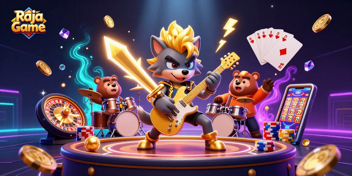 Experience thrilling gameplay with Raja Game as a rock star wolf plays at a vibrant casino.