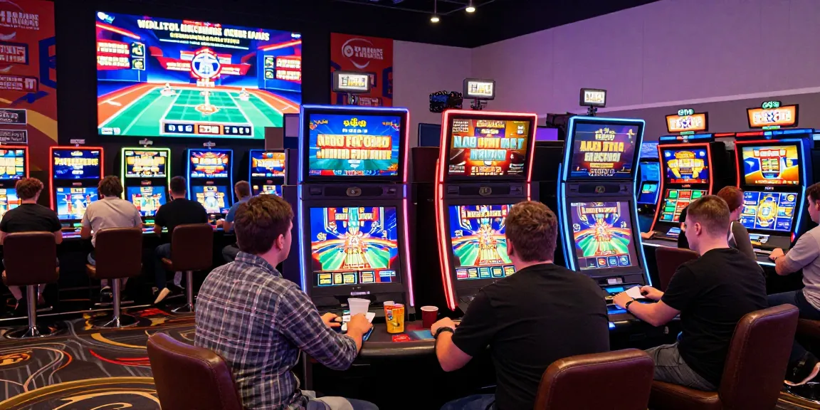 Dynamic scene of players enjoying new online casinos UK with vibrant gaming, slot machines, and lively atmosphere.