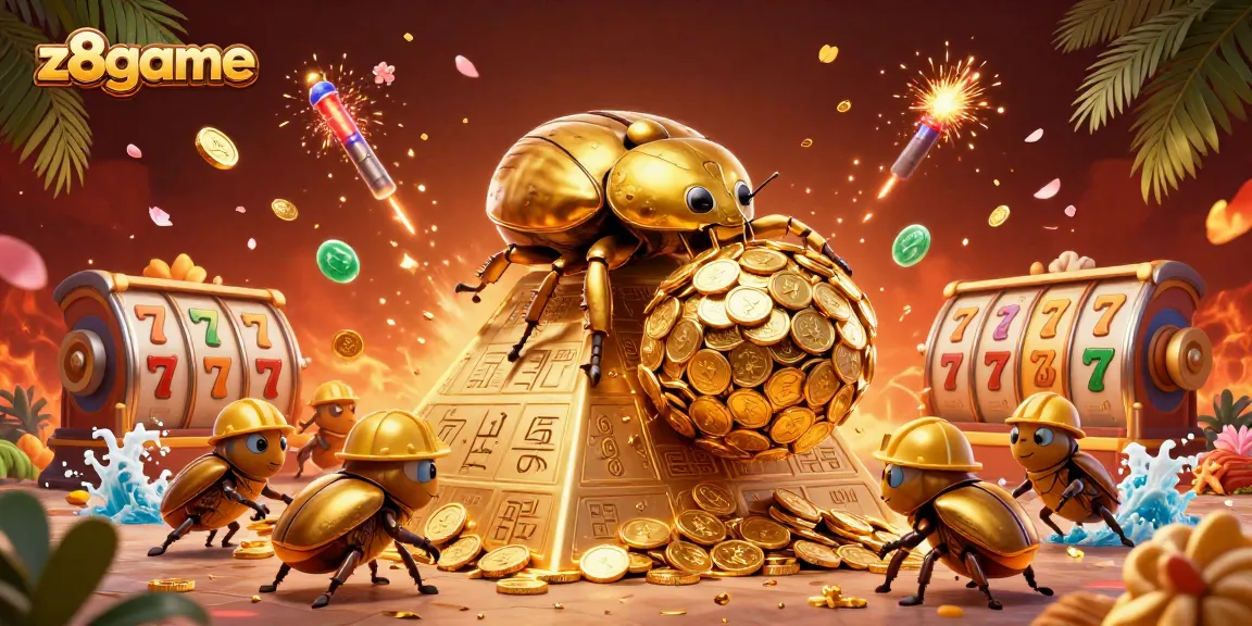 Experience the thrill of z8game as a golden dung beetle rolls coins towards casino glory.
