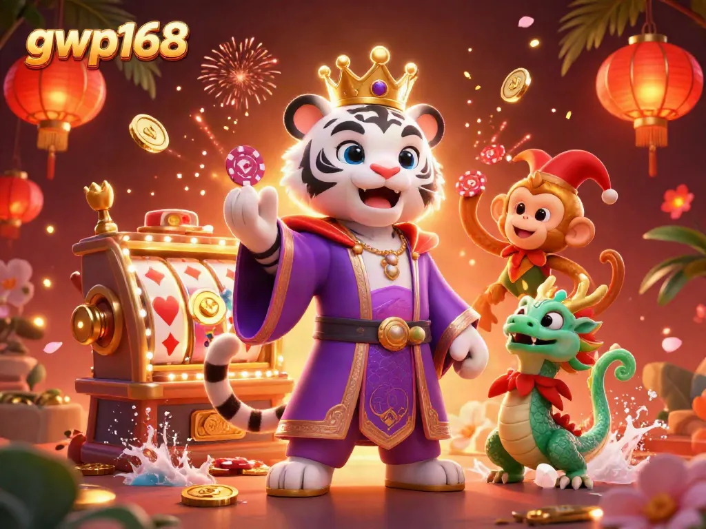 Permainan seru di gwp168, dengan harimau putih, monyet pemain, dan koin emas berkilauan.