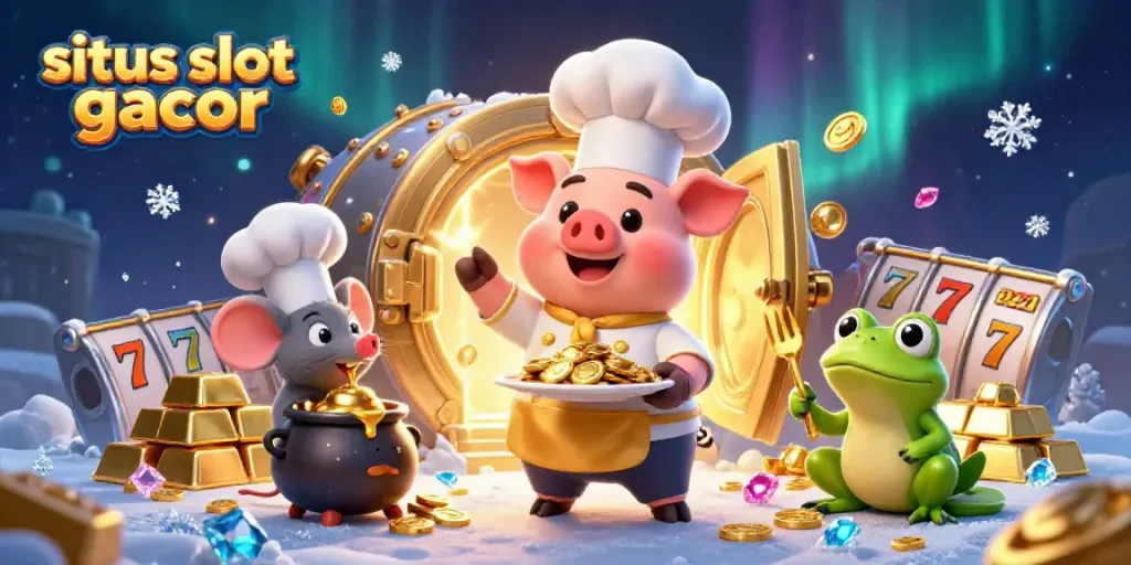 Situs slot gacor illustrated scene with a chef pig serving gold coins, showcasing slot game elements and vibrant casino atmosphere.
