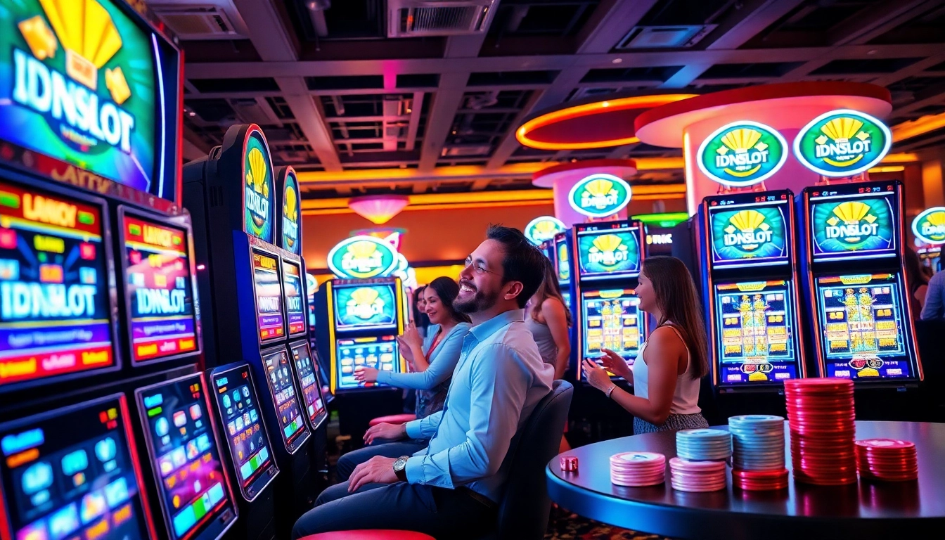 Players enjoying thrilling IDNSLOT games at a vibrant casino with lively atmosphere.